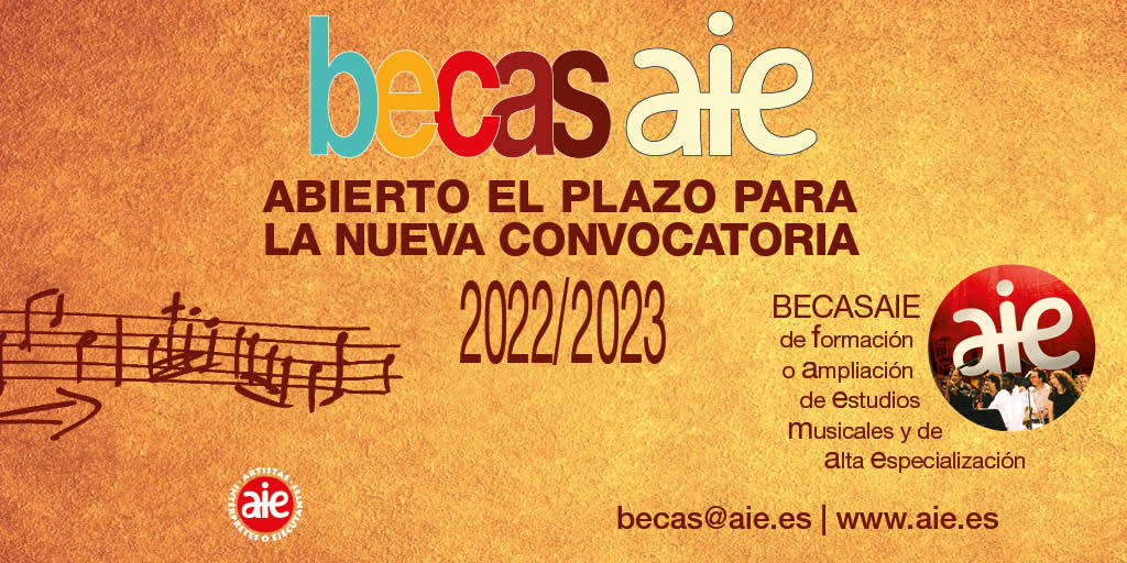 Ya está abierto el plazo para presentar solicitudes en la convocatoria 2022/2023 de #BecasAIE para formación o ampliación de estudios musicales y de alta especialización.

👉 El plazo estará abierto hasta el 22 de abril a las 18:00h

👉 Toda la info en: bit.ly/3ieybCN