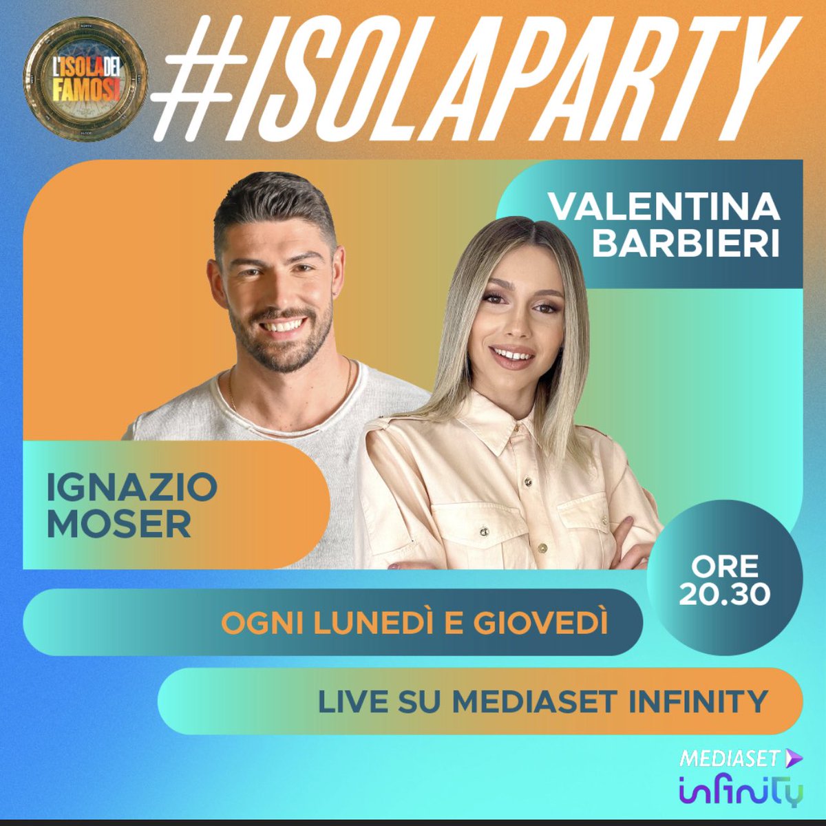 Siete pronti per #IsolaParty? Da lunedì 21 marzo, ogni lunedì e giovedì, dalle 20:30 in streaming su Mediaset Infinity commentiamo l’#isola con Ignazio Moser, Valentina Barbieri e tantissimi ospiti e sorprese! ❤️