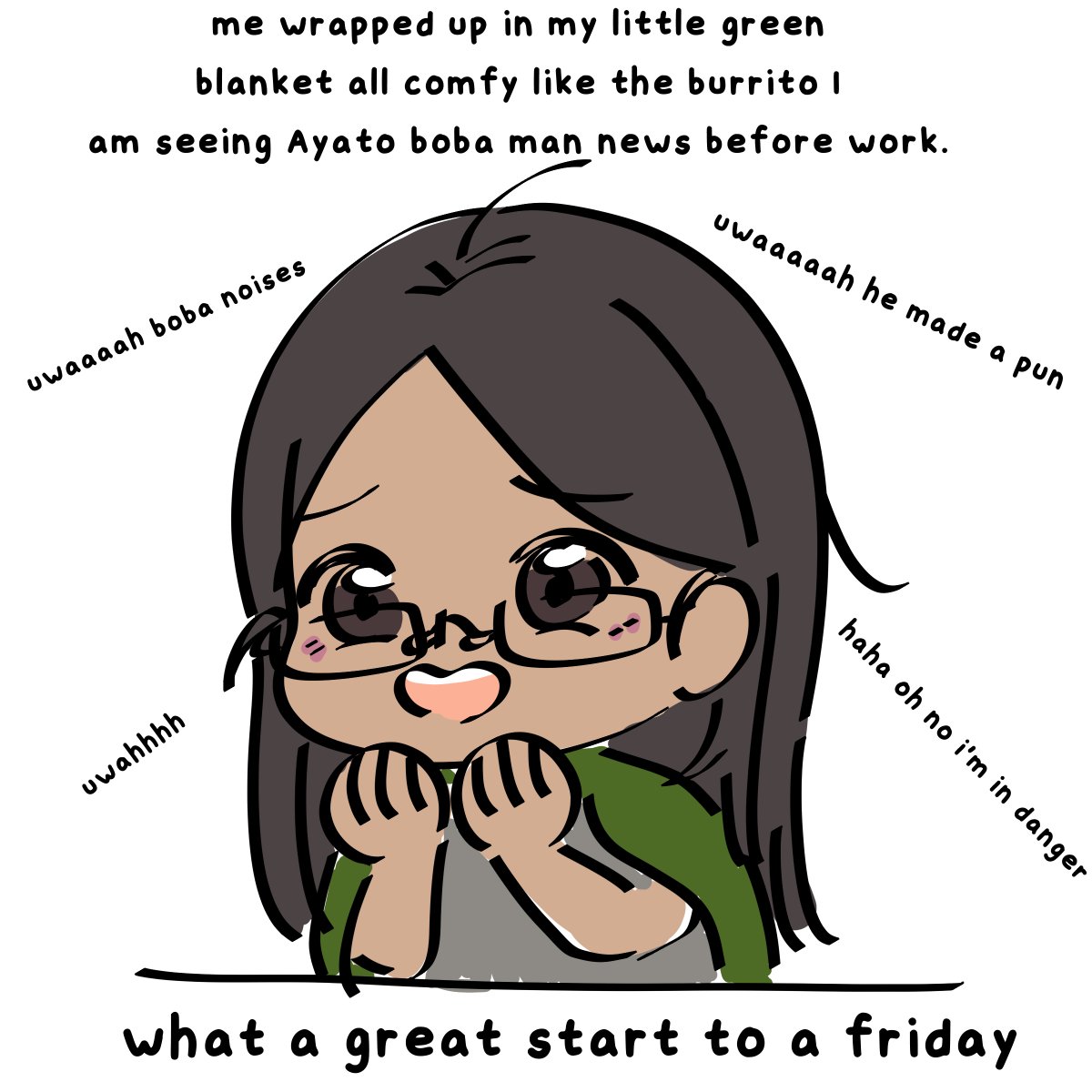 renrolo's tweet photo. What a great start to a Friday. I think i'll have boba today to celebrate Ayato announcement.

I never draw myself cute. To say I am radiating this morning is an understatement for I am a gross goblin. https://t.co/ttwKwcrRU9
