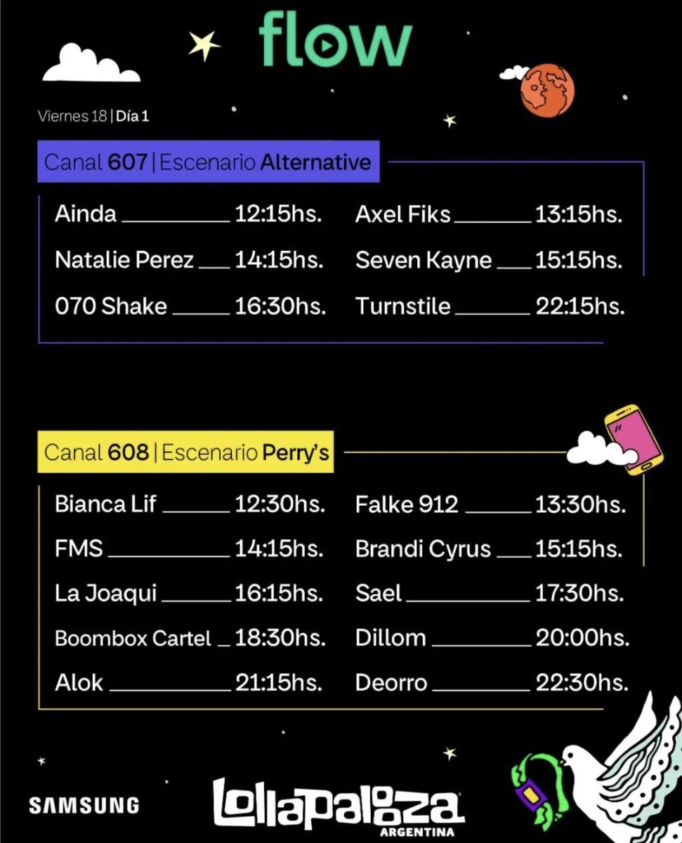 juankyjurado's tweet photo. Canales y horarios para vivir la primera fecha (hoy) del #Lollapalooza en @FlowContenidos 

 #LollaAREnFlow #LollaAR https://t.co/7ITVcBaNrP