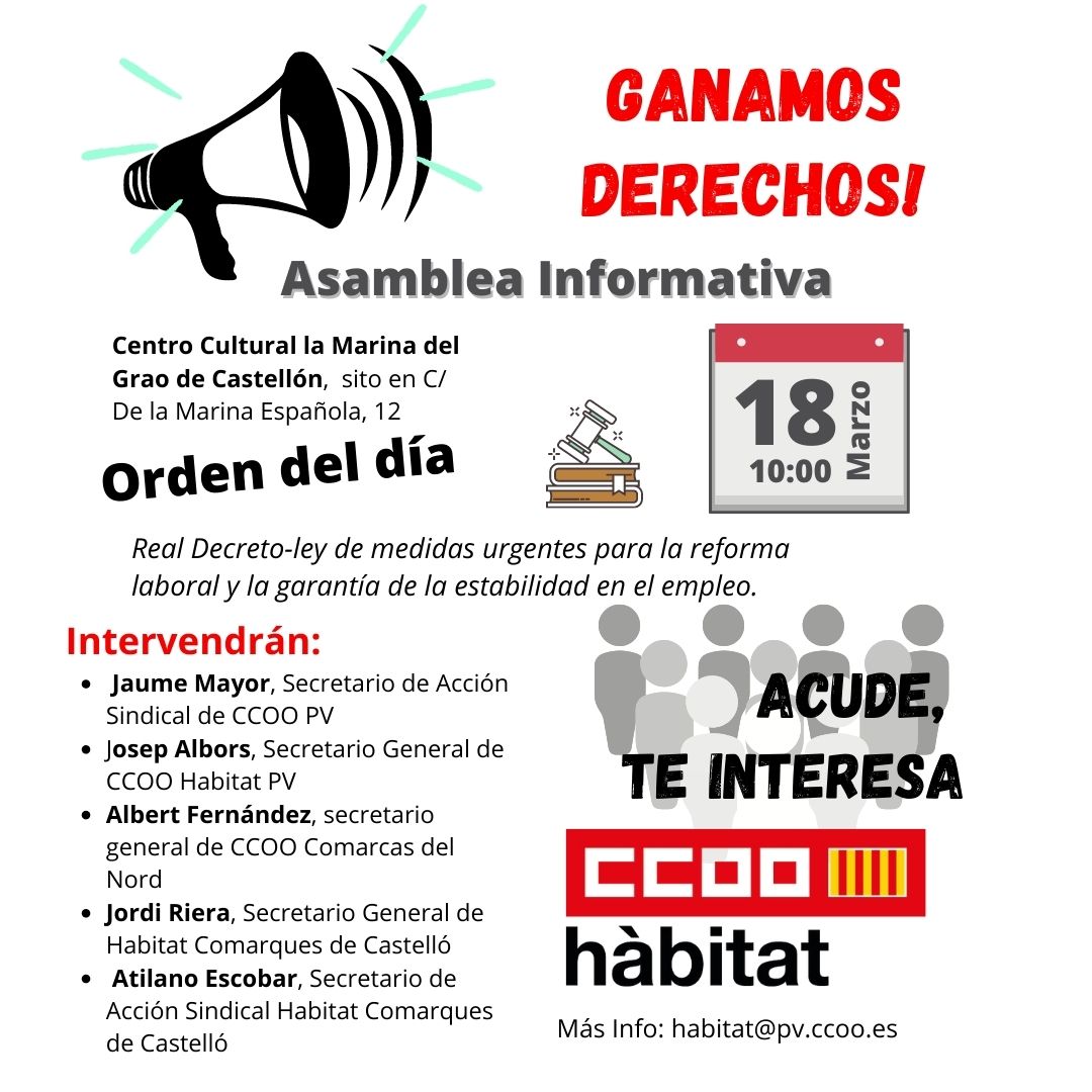 JaumeMayor's tweet photo. Ha estat un plaer participar este matí a l'assemblea organitzada per @CCOOHabitat_PV  al Grao de Castelló per a parlar de la reforma laboral junt a @JosepAlbors1

#ahorasi #reformalaboral https://t.co/MtWlRqsGYp
