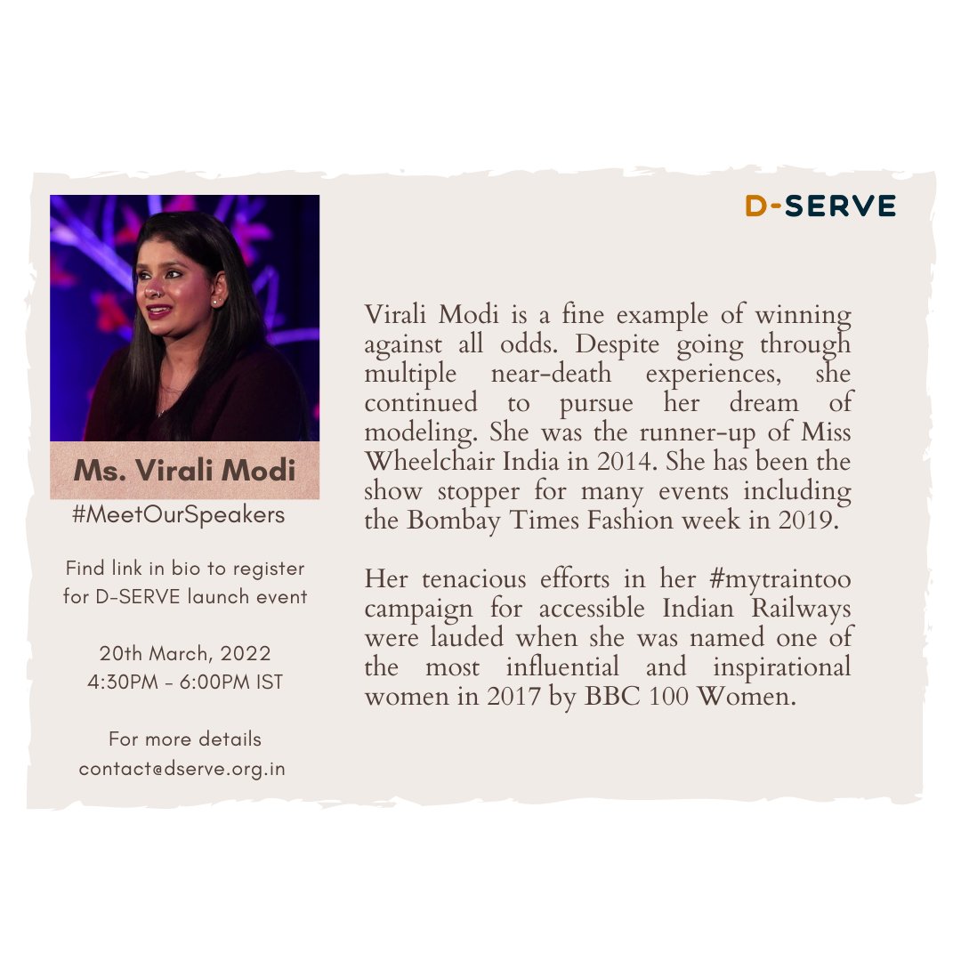 DserveTrust's tweet photo. Meet your speaker!
On the upcoming virtual launch of D-Serve Trust, It gives us immense pleasure to introduce our chief guest @Virali01
Here's to her achievements and breaking barriers every day, and deeply inspiring us.
#dservetrust #ngo #charity #nonprofit #oficialllaunch https://t.co/0OXiXrp301