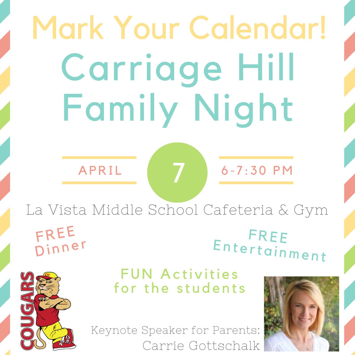 Join us for Carriage Hill Family Night! The event will take place at La Vista Middle School on April 7. There will be activities for the kids and free dinner! Check out the details here: bit.ly/3tFJcC7