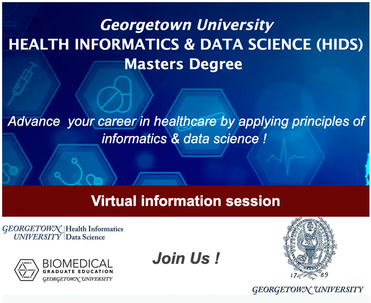 Georgetown Health Informatics & Data Science (@georgetown_hids) on Twitter photo The #HealthInformatics and #DataScience #Masters Program <a href="/Georgetown/">Georgetown University</a> University is offering a virtual information session. Come talk to us about how <a href="/biomedgrad/">BioMedGrad</a>'s HIDS program fits into your academic & professional goals. Date:
March 25th at 10 am EST: buff.ly/3tG91Cf The #HealthInformatics and #DataScience #Masters Program <a href="/Georgetown/">Georgetown University</a> University is offering a virtual information session. Come talk to us about how <a href="/biomedgrad/">BioMedGrad</a>'s HIDS program fits into your academic & professional goals. Date:
March 25th at 10 am EST: buff.ly/3tG91Cf