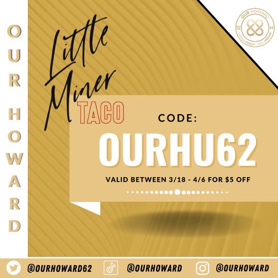 OurHoward62's tweet photo. Happy Friday Bison!! Come see the Our Howard team on the Yard today from 1-3pm! 

Use Promo Code “OURHU62” for $5 Off on Little Miner Tacos Website! https://t.co/HT9QRKqoxq
