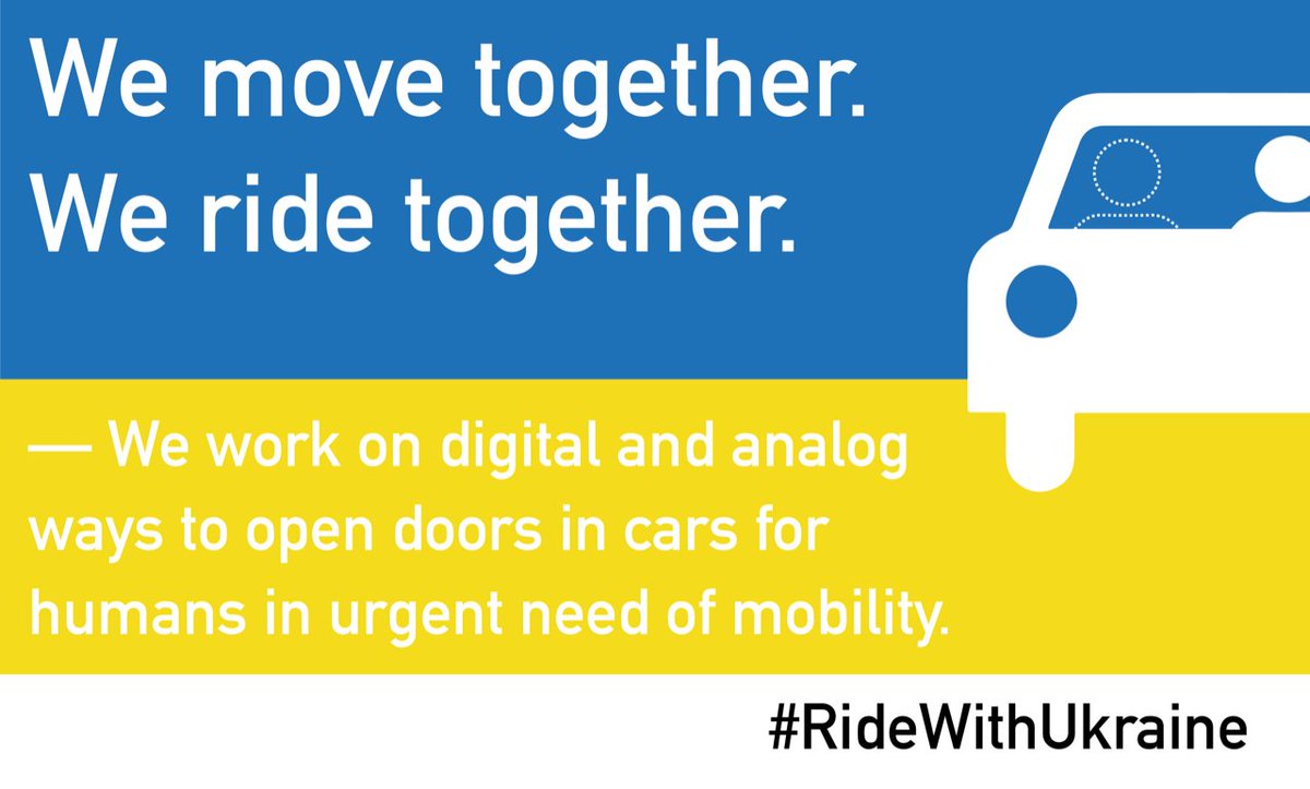 Ride with Ukraine (@ridewithukraine) on Twitter photo We move together and ride together — digital and analog ways to open doors in cars for humans in urgent need of mobility.
Powered by <a href="/mitfahrverband/">Mitfahrverband e.V.</a> We move together and ride together — digital and analog ways to open doors in cars for humans in urgent need of mobility.
Powered by <a href="/mitfahrverband/">Mitfahrverband e.V.</a>