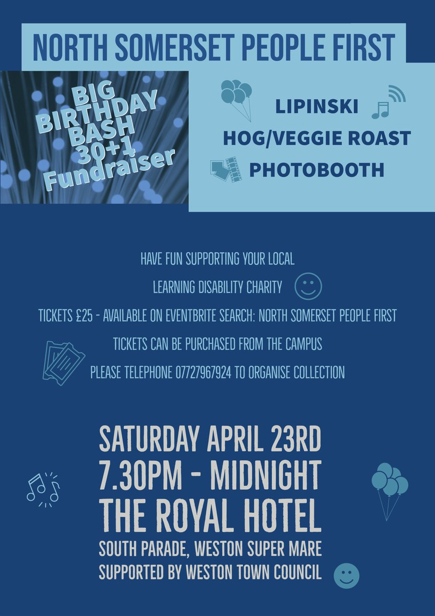 NSPeopleFirst's tweet photo. Huge thanks to @WsMTC for supporting this event 🙏
Please retweet, tell everyone you know, buy a ticket and have yourself a great night out, all towards a good cause
#learningdisabilities #autism
#WestonSuperMare #NorthSomerset
#Birthday #charity #livemusic
@adamlipinski https://t.co/JLtrdodjvs