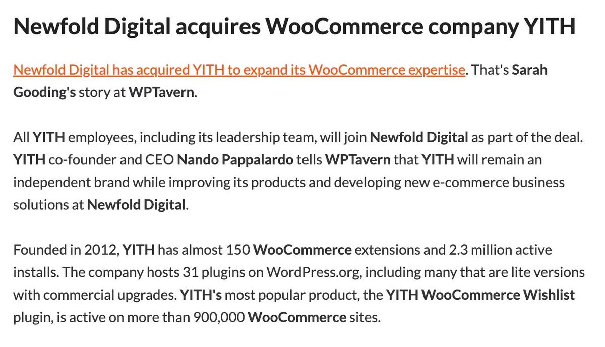 Bombazo en el mundillo #WordPress: <a href="/YITHEMES/">YITH</a> comprada por Newfold (Bluehost, Yoast, etc). Muchas felicidades a nuestros amigos <a href="/nando_p/">nando pappalardo</a> y <a href="/sara_presenti/">Sara Presenti</a> por haber llevado tan arriba la compañía. Sois muy grandes 😍