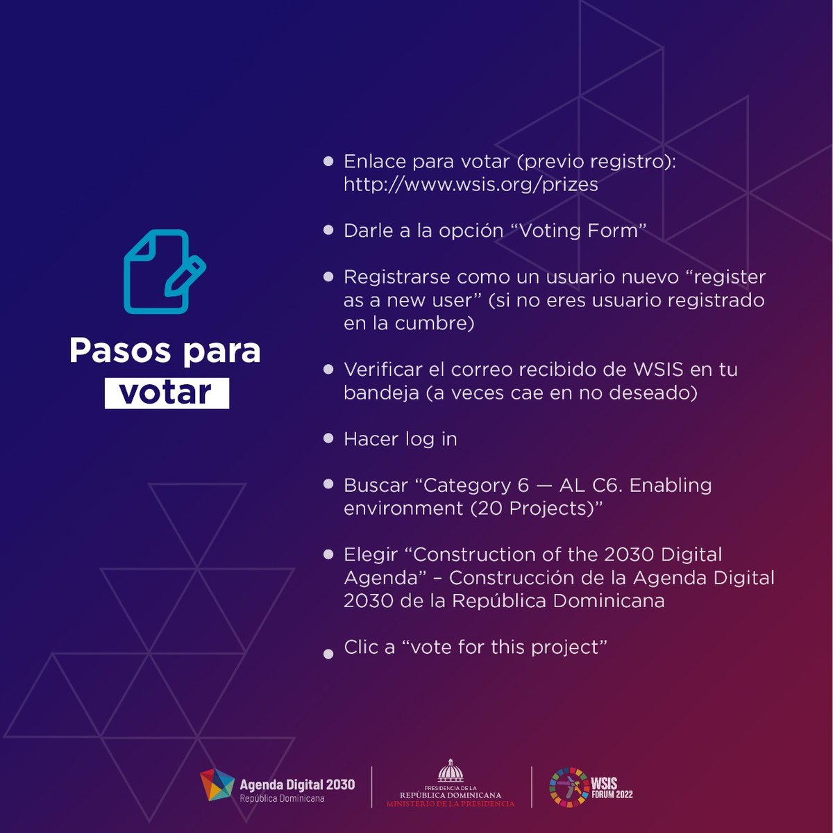 CitizenLab_es's tweet photo. Hola! queremos compartirles esta noticia: República Dominicana con su Estrategia Nacional de Transformación Digital, se encuentra entre los 20 finalistas para ganar el WSIS Prizes 2022!! 
Más detalles aquí --> https://t.co/rTvUJr4acp 
🗳️ Y si quieres votar sigue los pasos aquí👇 https://t.co/E9cNUI5u6h