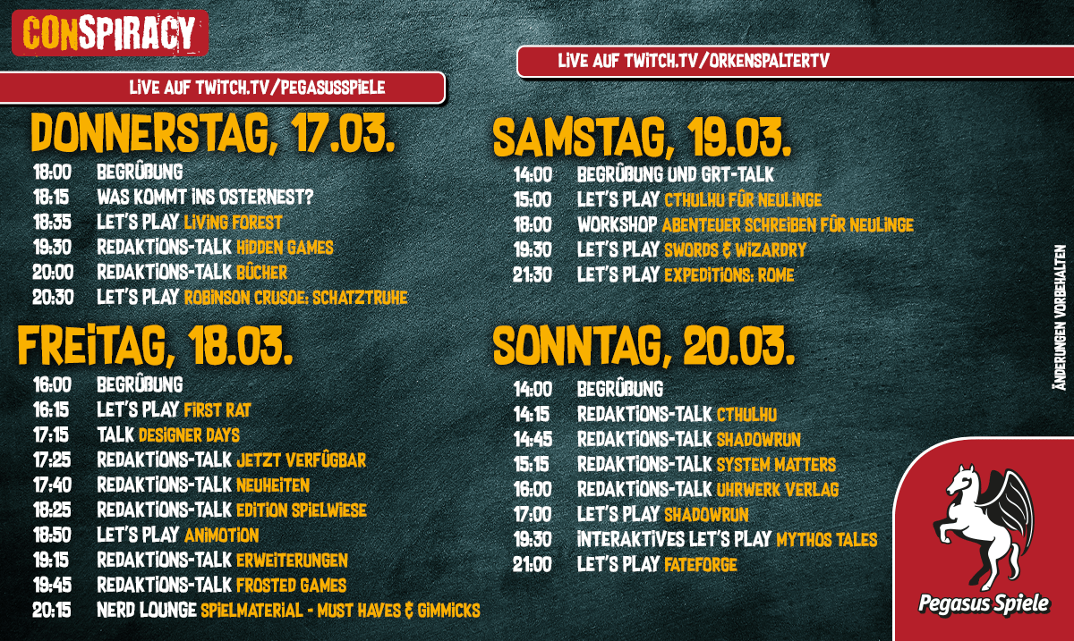 Ihr wolltet schon immer eigene Rollenspiel-Abenteuer schreiben, aber wisst nach der ersten Idee nicht weiter? 

Dann schaltet um 18 Uhr auf twitch.tv/orkenspaltertv für den Workshop Abenteuer schreiben für Neulinge ein!

#pnpCONspiracy #pnpde #gratisrollenspieltag @OrkenspalterTV