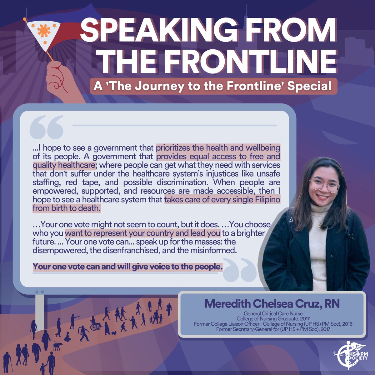 UPHSPMSociety's tweet photo. A vote can give voice to thousands.
We provide our esteemed alumni opportunities to voice out their ideals for the health sector which shall resonate with the candidates of the upcoming 2022 Elections.
Tonight, we meet 𝐌𝐞𝐫𝐞𝐝𝐢𝐭𝐡 𝐂𝐡𝐞𝐥𝐬𝐞𝐚 𝐂𝐫𝐮𝐳.
#HealthForAlll https://t.co/MjZ5M0NVxM