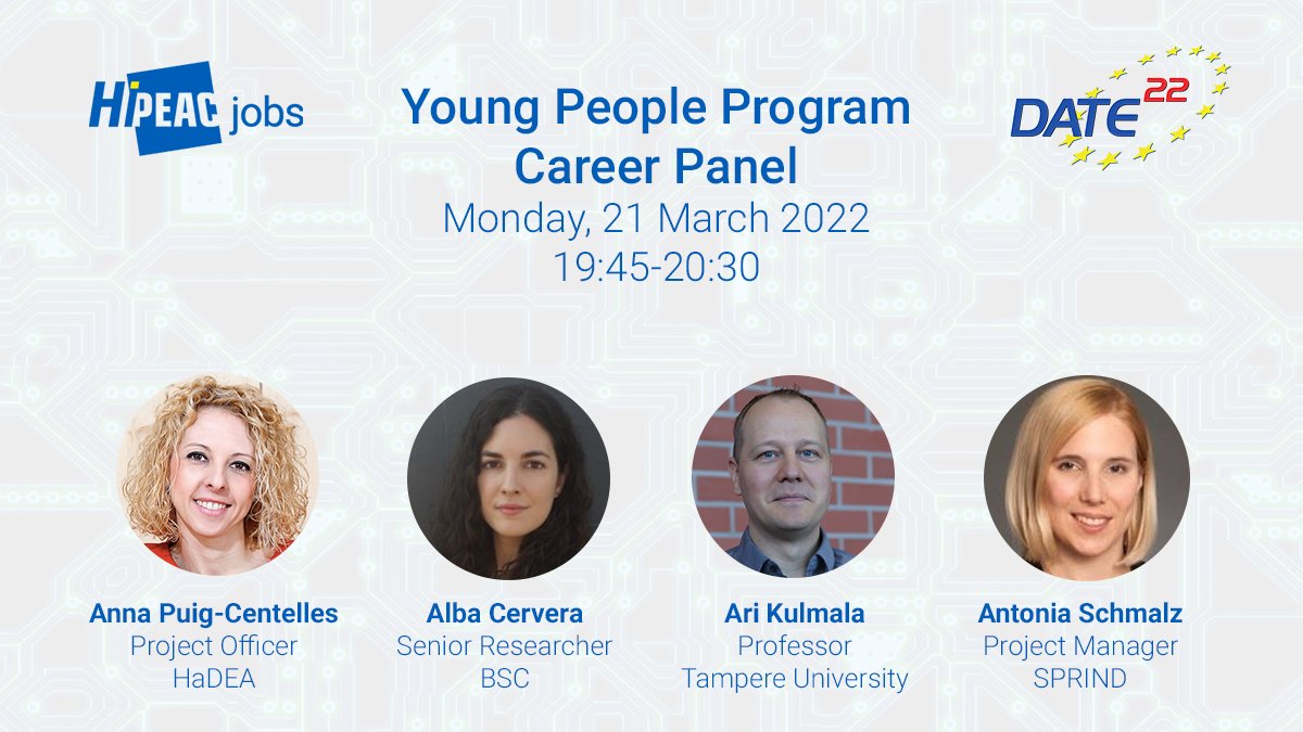 hipeac's tweet photo. 🗓️Monday, 21 Mar, 19:45 CET
Academia, industry, innovation, policy: where will your career take you? Join @hipeacjobs and @cadence for a panel ft. @APuigCentelles @EU_HaDEA, @albaclierta @BSC_CNS, @akulmala @ITC_TampereUni + A Schmalz @SPRIND at #DATE22
👉https://t.co/gLtzXmhMH6 https://t.co/b3VCZ2Emug