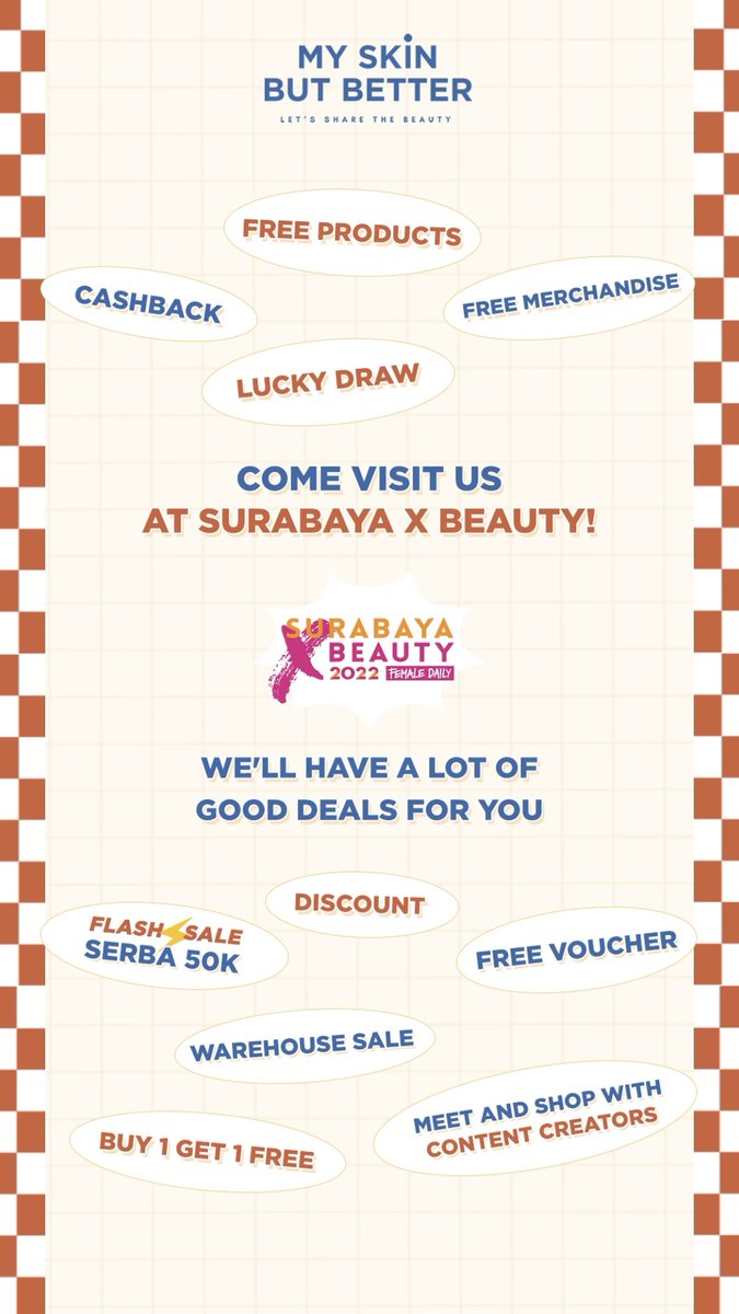Wohooo minggu depan MSBB akan ada di SurabayaxBeauty 2022! 🥳

Bakal ada banyak ✨good deals✨ buat kalian yg mampir di boothnya MSBB😍

Btw, kalian pingin ada brand lokal &amp; promo produk apa aja nih di boothnya MSBB nanti? 👀