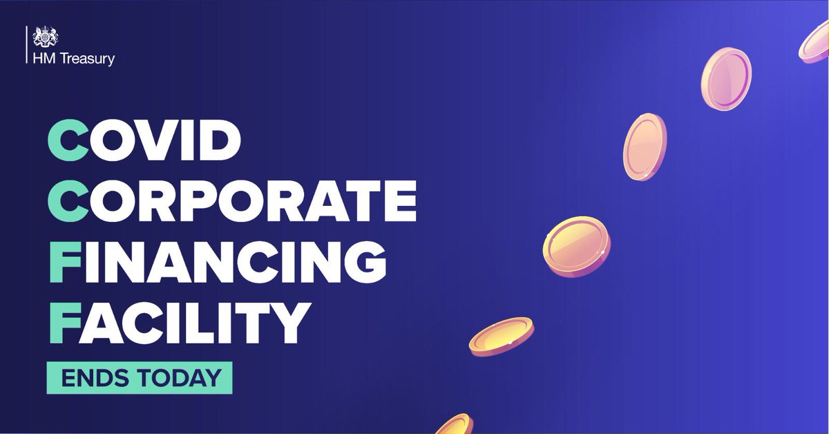 RishiSunak's tweet photo. The @BankofEngland Covid Corporate Financing Facility, which provided a quick, cost-effective way for firms to raise capital during the pandemic, ends today.

It gave almost £38bn of support and protected millions of jobs in large UK firms, and all money borrowed has been repaid. https://t.co/wyj3u8gtmN