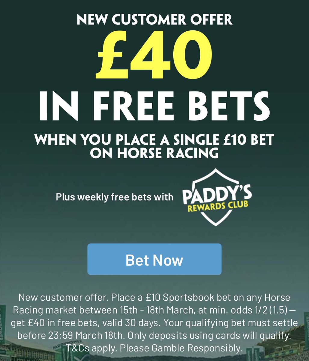 Get £40 in free bets at Cheltenham today.

Claim ---> bit.ly/3ti1s5M

New customers can bet £10 on any horse racing market (min odds 1/2) and get £40 free!

Begambleaware.org ts &amp; cs apply, 🔞 only #ad