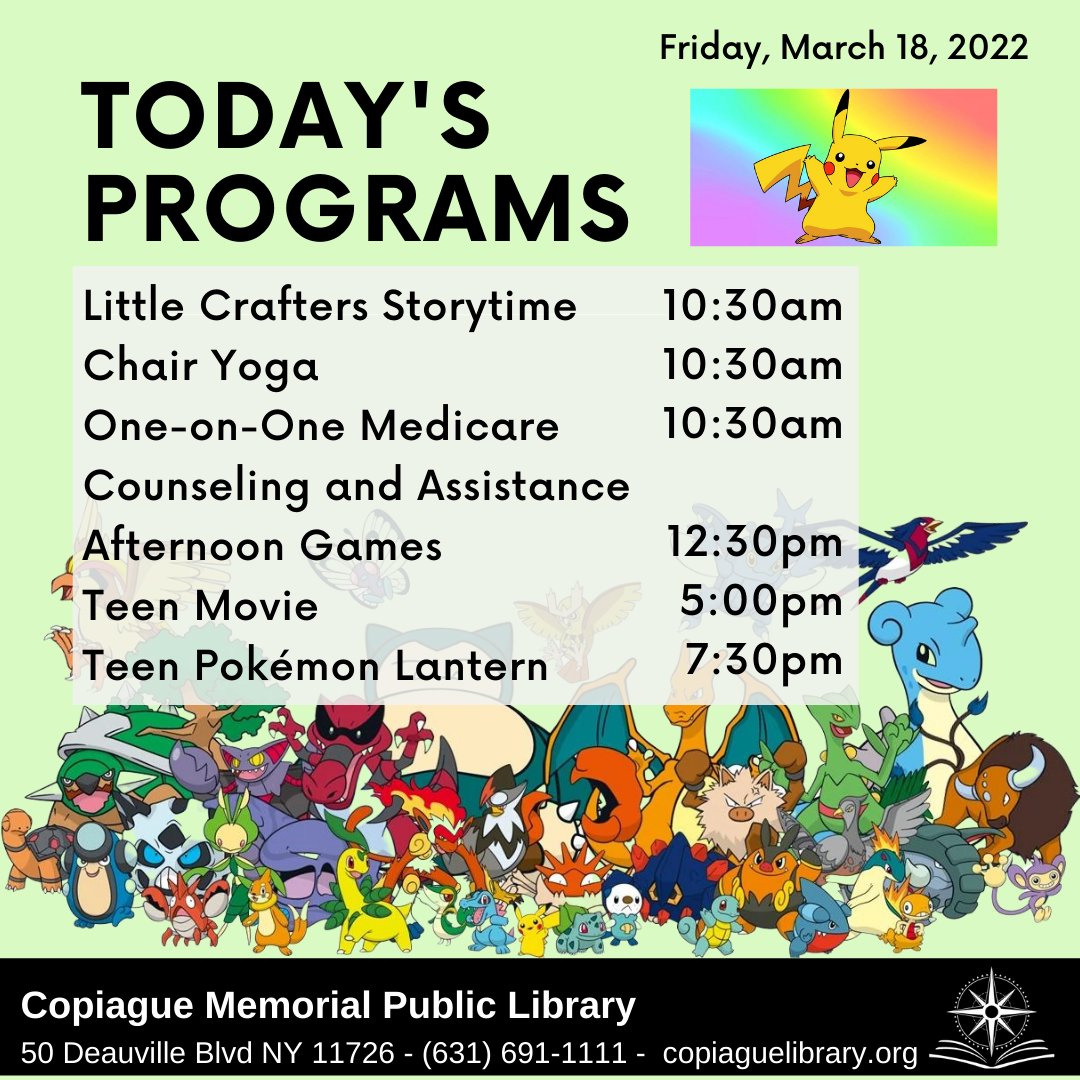 CopiagueLibrary's tweet image. Don&apos;t miss today&apos;s programs!
copiaguelibrary.org

#Copiaguelibrary #childrensprograms #adultprograms #Chairyoga #crafting #Movies #Teenprograms #Pokemon