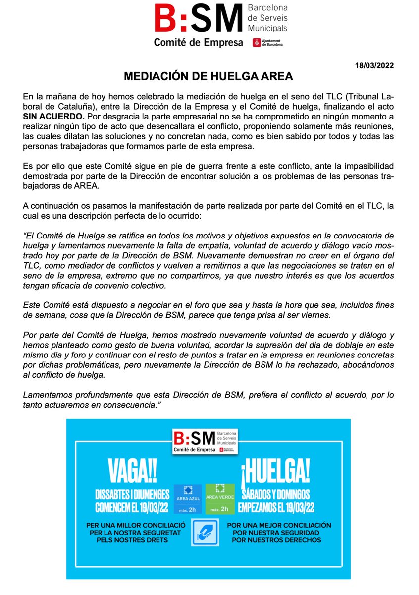CCOO_BSM's tweet photo. Sin acuerdo en la mediación de huelga de AREA
@jaumecollboni a ver cuándo te preocupas de los problemas de las personas trabajadoras de la empresa que presides #BSMcompromesos #ImpulsemBarcelona #VagaBSM #HuelgaBSM https://t.co/YGRRY6U6py