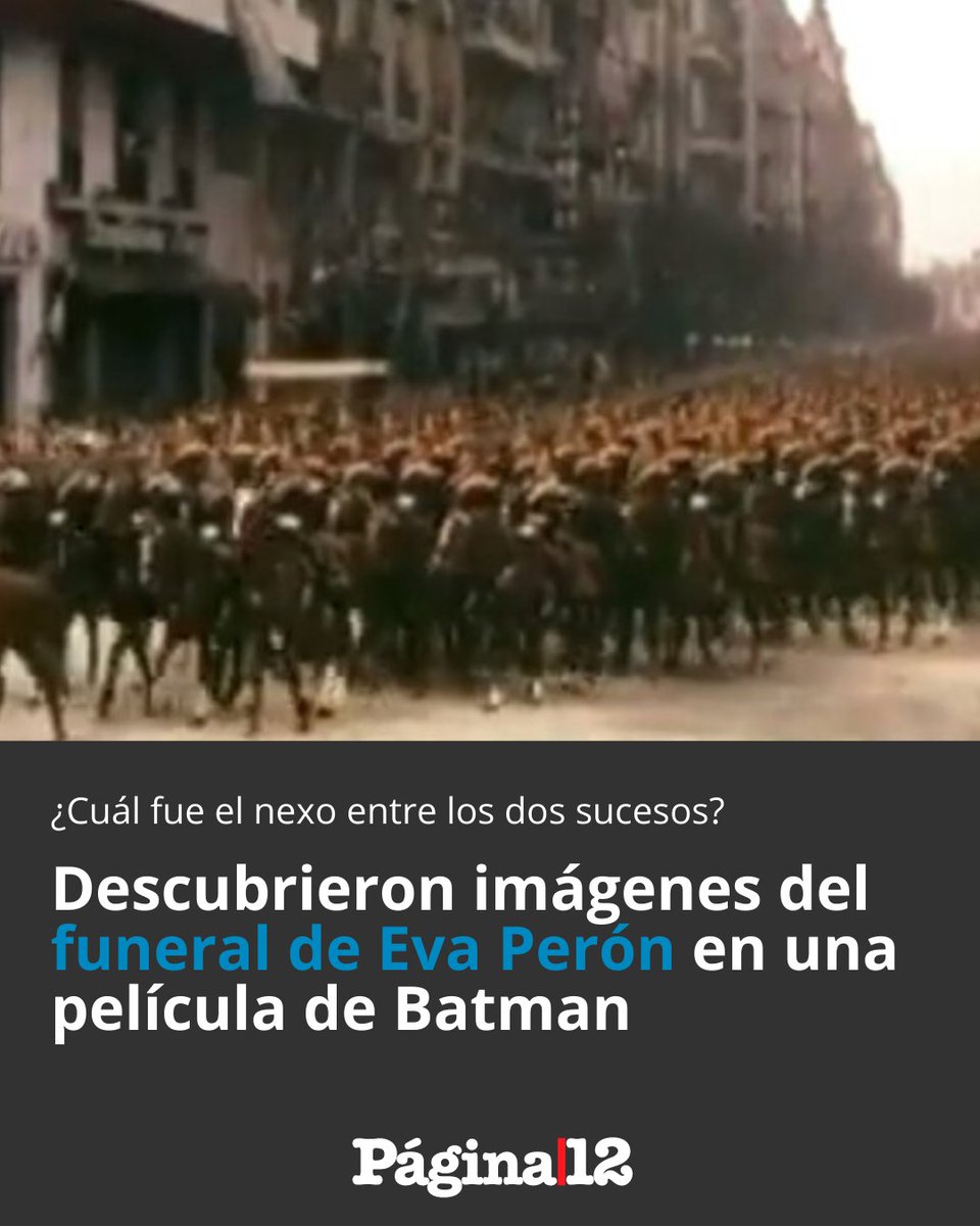 pagina12's tweet photo. 😱 INCREÍBLE DESCUBRIMIENTO

🦇 “Ayer nomás”, un canal de YouTube dedicado a analizar series antiguas, descubrió que la película de Batman, protagonizada por Adam West en 1966, contiene imágenes del funeral de Eva Perón. 

Leé la nota completa.👉[https://t.co/9JUm0rNjxH] https://t.co/ZangxmawYK