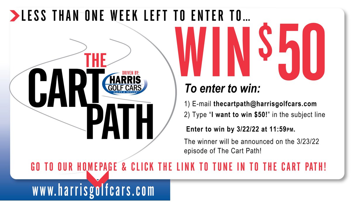 harrisgolfcars's tweet photo. Less than one week left to enter to WIN a $50 Visa Gift Card!

Click here to watch episodes of The Cart Path: https://t.co/wuPQtgrsl7 https://t.co/Mwpnf3ENlK
