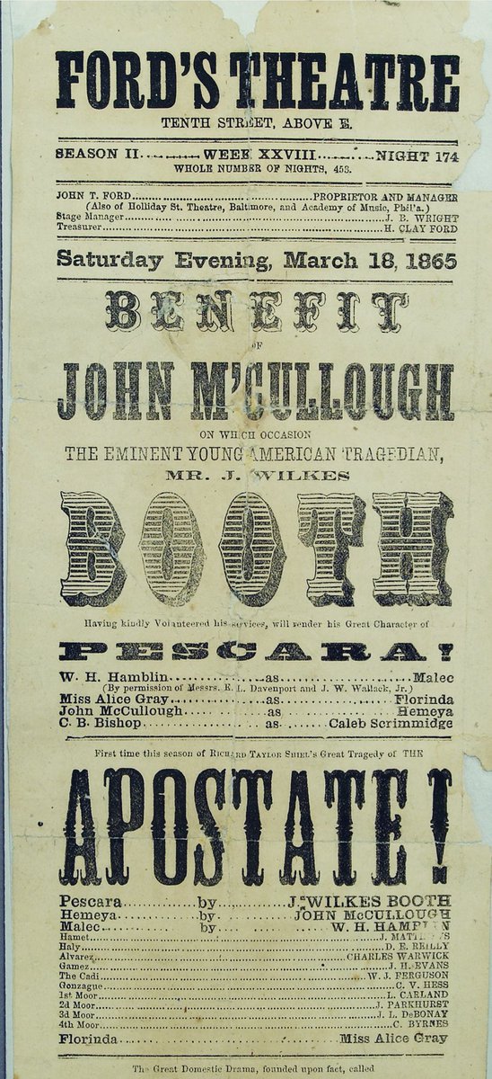 LinConspirators's tweet image. #OTD Mar. 18, 1865: The day after his failed attempt to abduct #Lincoln, #JohnWilkesBooth performed for the last time. In his audience at @fordstheatre were fellow conspirators #JohnSurratt, #GeorgeAtzerodt, &amp;amp; #DavidHerold.