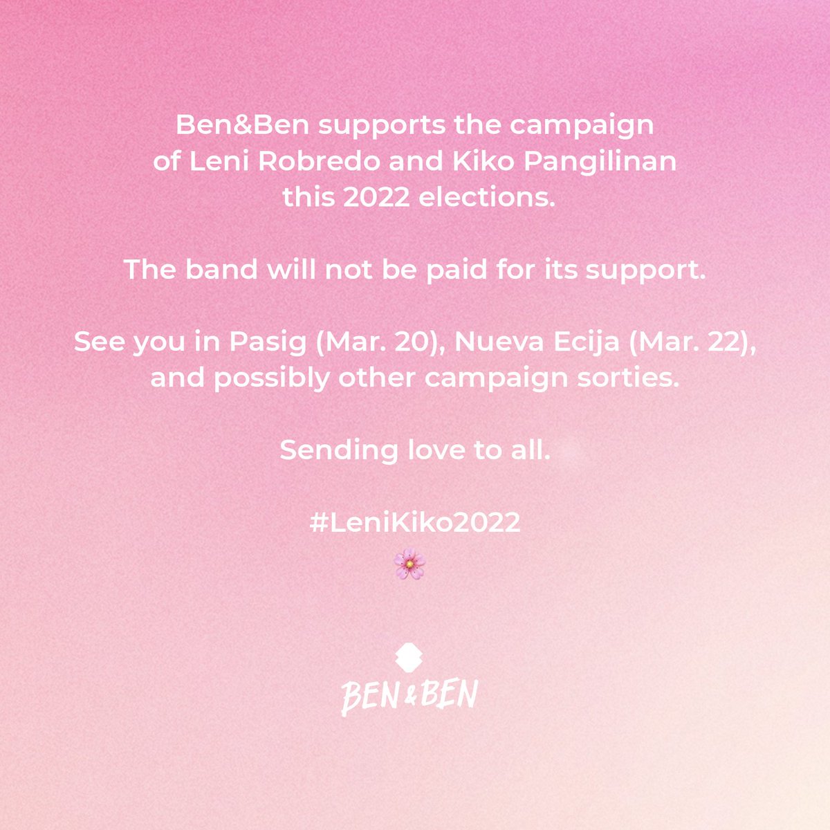 inquirerdotnet's tweet photo. IT’S CONFIRMED 🌸

LOOK: OPM band Ben&amp;Ben has made it official that they support the campaign of the Robredo-Pangilinan tandem and announced they will perform at their grand rally in Pasig this Sunday, March 20. | 📷: Ben&amp;Ben/Twitter https://t.co/vdrasgTwqH
