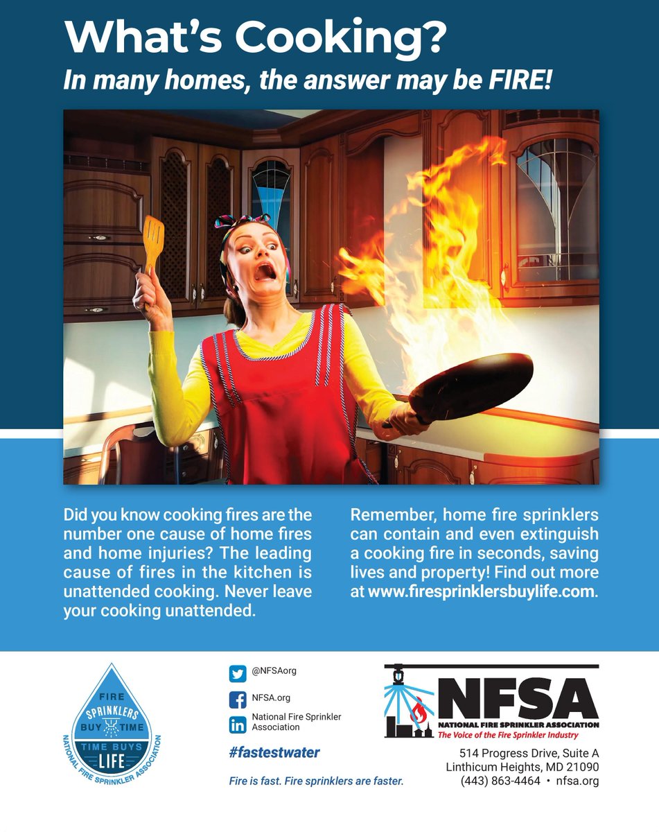 NFSAorg's tweet photo. #FastestwaterFriday Fact: #CookingFires are the #1 cause of home fires & home injuries. The leading cause of fires in the kitchen is unattended cooking. #FireSprinklers can stop cooking fires in their tracks! Remember, NEVER leave your cooking unattended! https://t.co/NVr8je8IJv https://t.co/WCDD4yosve