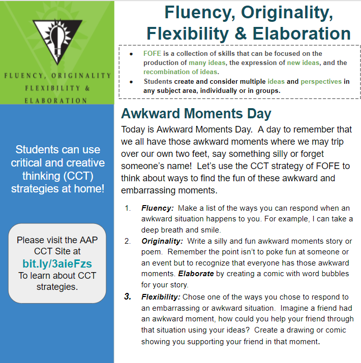 It's National Awkward Moments Day. Embarassing and awkward moments can connect us because we all have that moments that we can relate to.  It's a part of being human.  Today we are going to use FOFE to think about how to respond when those moments happen. #CCTSchoolChallenge
