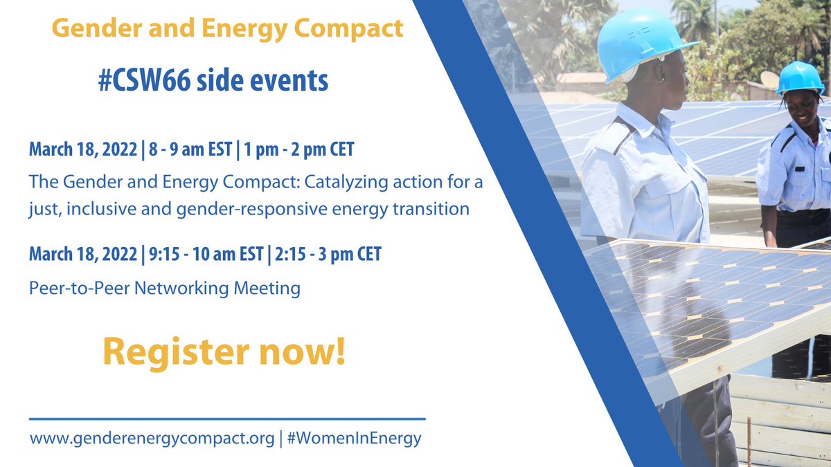 #CSW66 has begun!
The #energytransition is central to addressing the #climatecrisis. But women must equally lead, participate in and benefit from #sustainableenergy. 

Join the #GenderEnergyCompact events to discuss how to scale-up action. 
More 👉genderenergycompact.org/side-events-of…