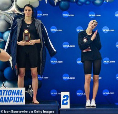 Lia Thomas is a male. He won not because his skills improved, but because he’s stronger and faster than the actual female competitors. Period. It’s not a positive. It is NOT progress. It’s a slap in the face to women and girls, and it pisses me off. I don’t accept it.