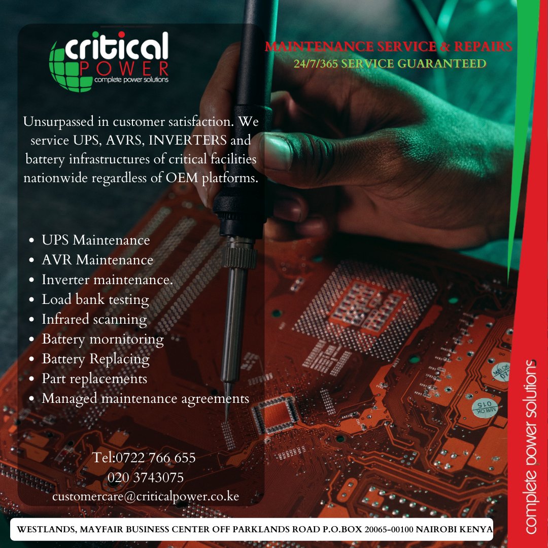 Looking for the preventative maintenance services?

We got you, we offer services from ups maintenance to ups replacements. To get in touch with us on call: 0722766655/0733938564
email: customercare@criticalpower.co.ke

For more info visit: criticalpower.co.ke
#powersolutions