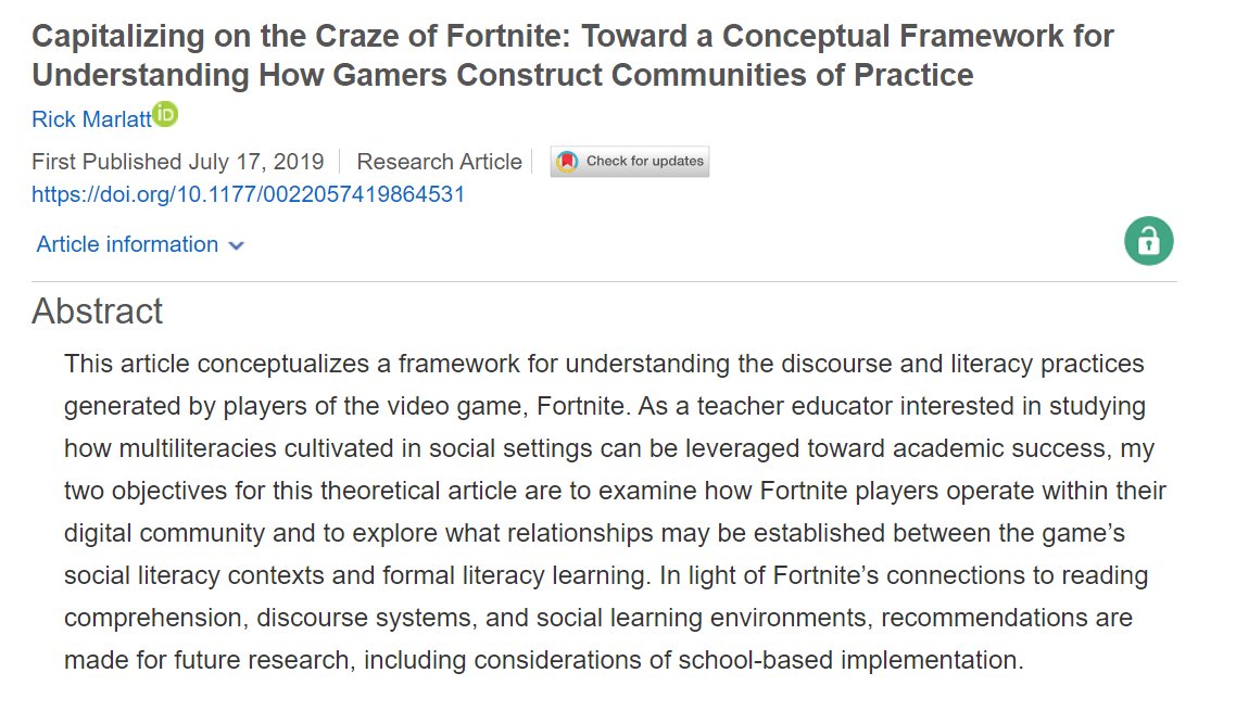 JournalofEd's tweet image. #flashbackfriday If you teach work with youth, I’m sure you have heard of #Fortnite. Did you know that our study on how gamers construct communities of practice using Fortnite players as a sample has the most citations in from our journal? Check it out! @rickmarlatt @nmsu