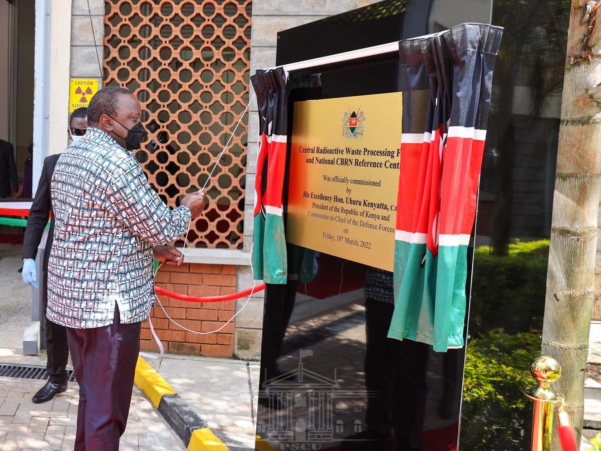 StateHouseKenya's tweet photo. 1/2 President Uhuru Kenyatta has commissioned the Central Radioactive Waste Processing facility and the National Chemical, Biological, Radiological and Nuclear (CBRN) Centre at the Kenya Nuclear Regulatory Authority's regional office at Oloolua, Kajiado County. https://t.co/skQaiP0cPS