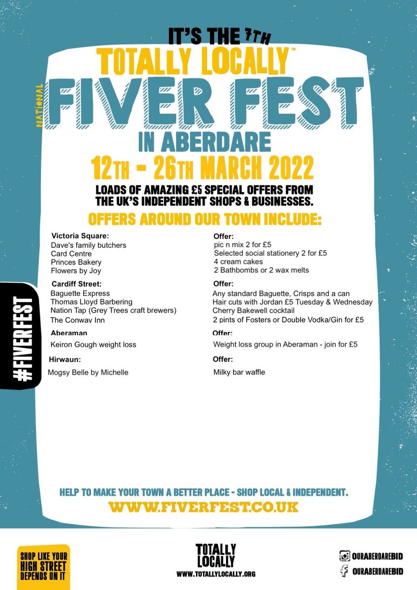 We are blown away that there are 50 shops/businesses in #Aberdare that have told us they're taking part in #fiverfest #ouraberdarebid #supportlocalbusiness #supportsmallbusiness #shoplocal #shoplocalrct <a href="/1totallylocally/">Totally Locally HQ</a> <a href="/VisitRCT/">Croeso i RhCT | Visit RCT</a> <a href="/visitwales/">Visit Wales 🏴󠁧󠁢󠁷󠁬󠁳󠁿</a> <a href="/St_Elvans/">St Elvan's</a> <a href="/cynonvalleymus/">Cynon Valley Museum</a> <a href="/CynonLinc/">Cynon Linc</a>