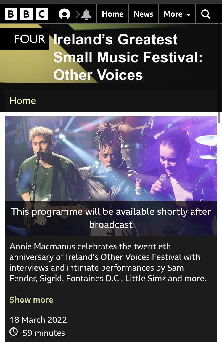 Check out the wonderful <a href="/othervoiceslive/">Other Voices</a> on <a href="/BBC/">BBC</a> Four at 10pm GMT tonight, a festival very close to our hearts. SPx

bbc.co.uk/programmes/m00…

#othervoices #bbcfour