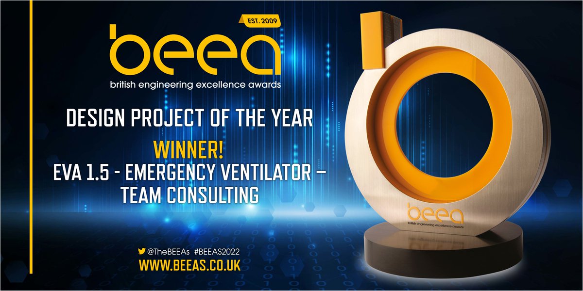 🟡Live from the #BEEAS2022!

Onto our second category, Design Project of the Year, sponsored by <a href="/EurekaMagazine/">Eureka! Magazine</a> 

The winner is the EVA 1.5 Emergency Ventilator Apparatus by <a href="/team_medical/">Medical Sports Team</a>! 🏆"An extraordinary team effort to deliver technical design success in an urgent situation"
