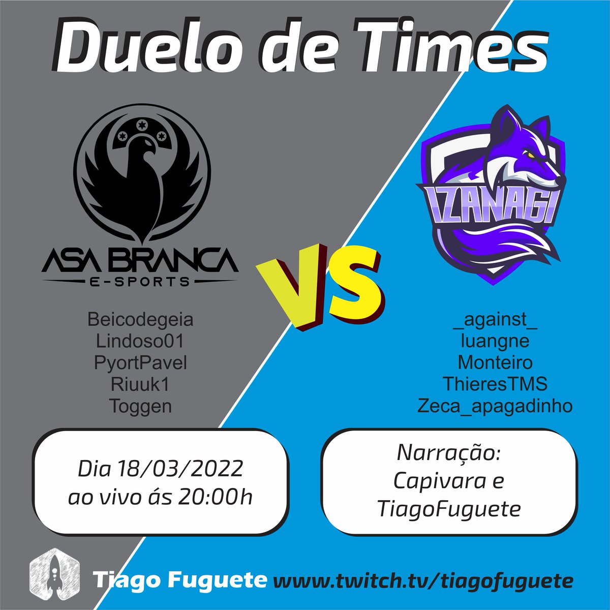 Hoje nosso sextou esta diferente.
Hoje tem Duelo de Times <a href="/AsaBranca_MTG/">Asa Branca E-Sports 🌵</a> VS <a href="/izanagiesports/">Izanagi eSports</a> ao vivo ás 20:00h em twitch.tv/tiagofuguete

Jogadores Participantes de <a href="/webermtg/">Alexandre Weber MTG</a> <a href="/Beicodegeia/">Carlos Roger</a> <a href="/Lindoso01_MTG/">Alexandre Lindoso</a> <a href="/PyotrPavel/">PyotrPavel</a> <a href="/RiuuK1/">RiuuK1</a> <a href="/FL_Alcantara/">Felipe Leal</a> 
e narrando <a href="/capivara_mtg/">Victor Cechinel</a>