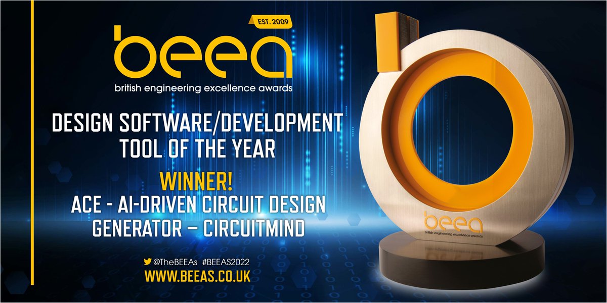 🟡Live from the #BEEAS2022!

Onto the next category, Design Software/Development Tool of the Year, sponsored by <a href="/EngSolLive/">Engineering Solutions Live</a> 

The winner is... ACE - AI-driven circuit design generator, CircuitMind - congratulations! 🏆✨