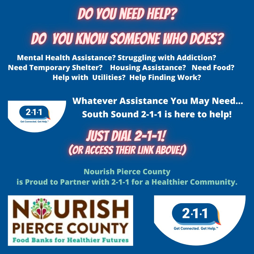 NourishPierceCo's tweet photo. Please share this post:
For assistance finding the help you or someone you know needs, dial 2-1-1 or click on:
https://t.co/R7CP70giXL.
The only way forward...is together!
#211 #NeedHelpNow
#FoodFromNourish #HelpingPeople #Tacoma #PierceCounty #TogetherWeNourish https://t.co/EFv4kwzaSE