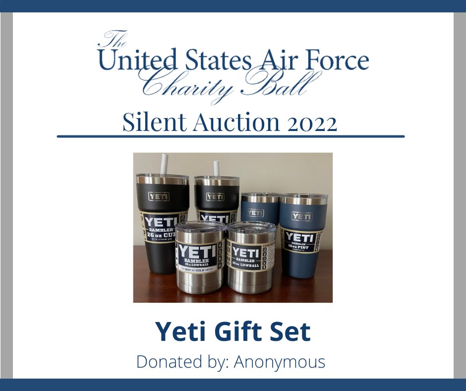 AirSpaceGala's tweet photo. Do you like to keep your hot drinks hot and your cold drinks cold? Then bid on the Yeti Gift Set which includes: two 10oz rambler low balls with lids, two 16 oz. rambler pints with lids, and two 26 oz. rambler cups with straws and lids.

#afcb2022 #airforcecharityball2022 #afas https://t.co/Oep7ZGrDTS