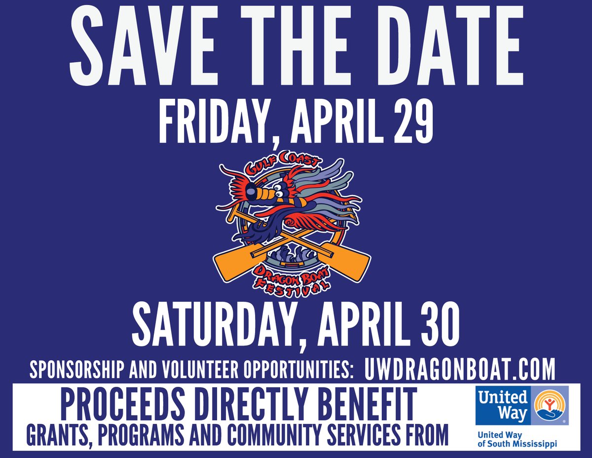 Friday, April 29 AND Saturday, April 30 are the days! Get your team together and row for glory! For sponsorship information and to learn how to compete, call United Way of South Mississippi at 228-896-2213 or visit uwdragonboat.com! #LiveUnited
