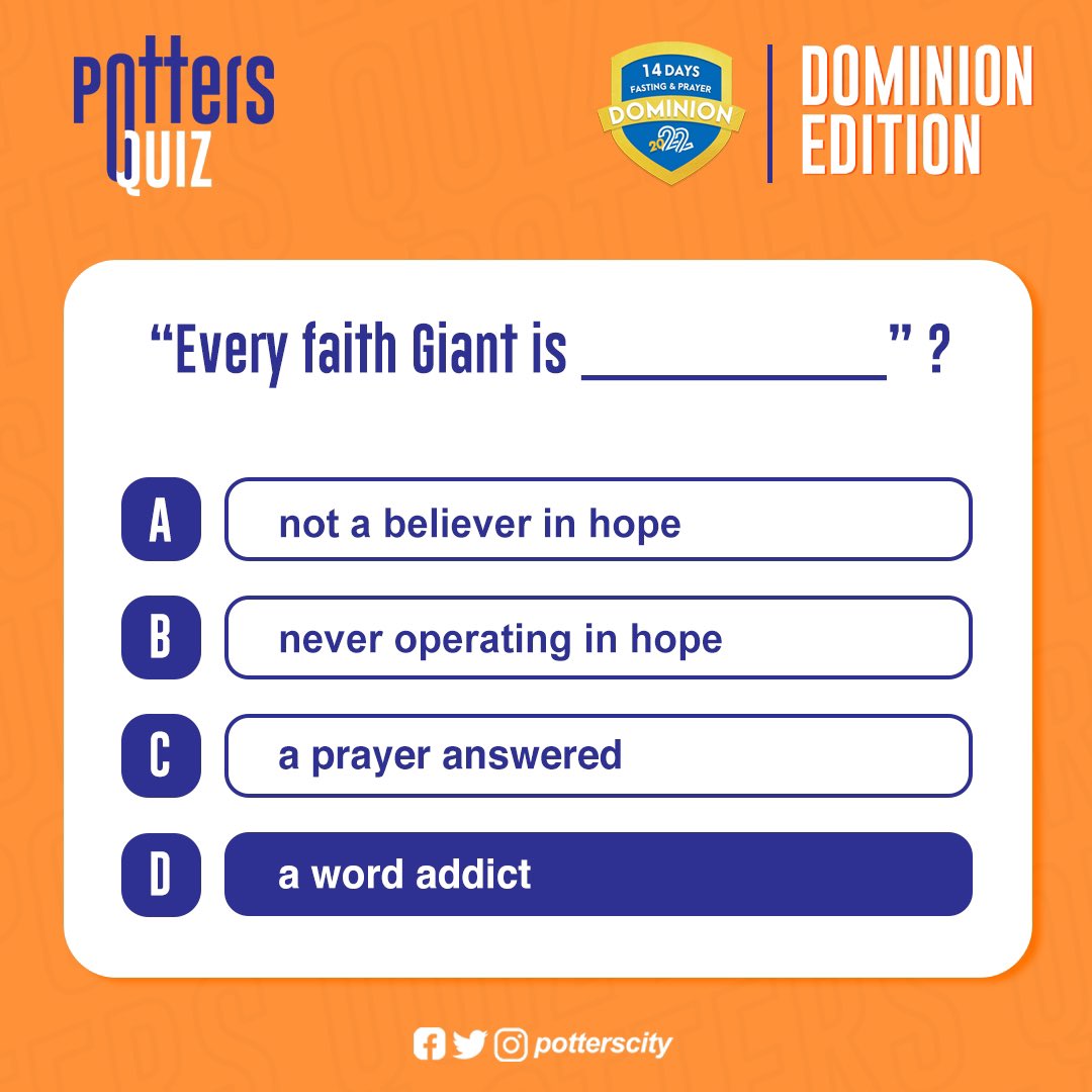 PottersCity's tweet photo. POTTERS TRIVIA!!!!
Dominion Edition.
Thank You for making time to contest in today's quiz, our winner for today will be announced soon.
See you same time next week.
#PottersTrivia
#Dominion22
#Potterscity https://t.co/SyL5veeB8d