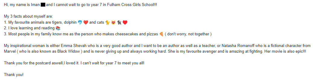 FulhamCross's tweet photo. We have been so happy to hear from FCGS future Year 7 students sharing interesting facts about themselves.

We cannot wait to meet them! 

Here are just some examples we wanted to share. 

#FCGSTRANSITION #NEWBEGINNINGS #EMPOWER https://t.co/kbiADIBFRK
