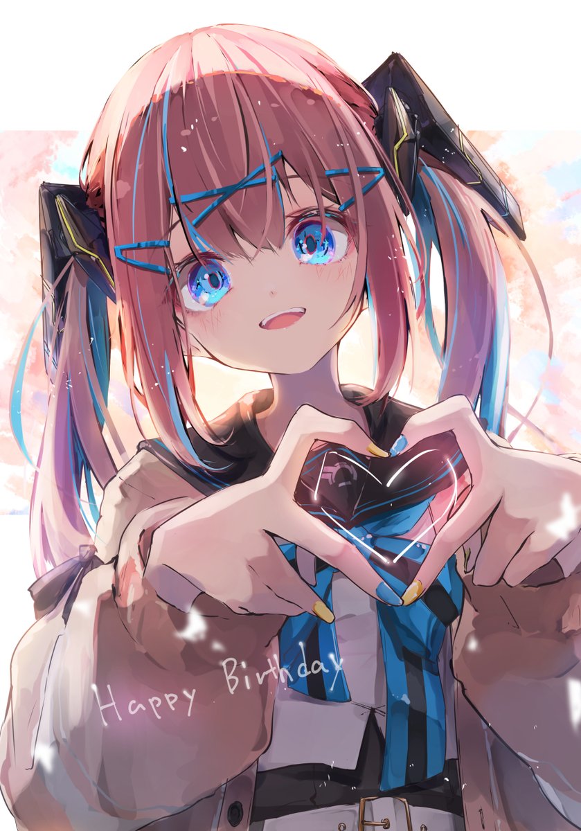 1girl solo heart heart hands twintails blue eyes hair ornament  illustration images