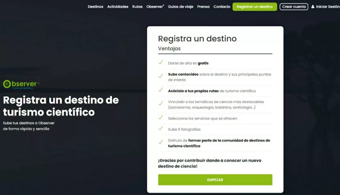 ScienceTourism's tweet photo. Ahora los destinos de #TurismoCientífico pueden #registrarse y subir contenidos gratis a nuestra web, facilitando así su promoción entre nuestros viajeros. https://t.co/gJqFHAJwUo