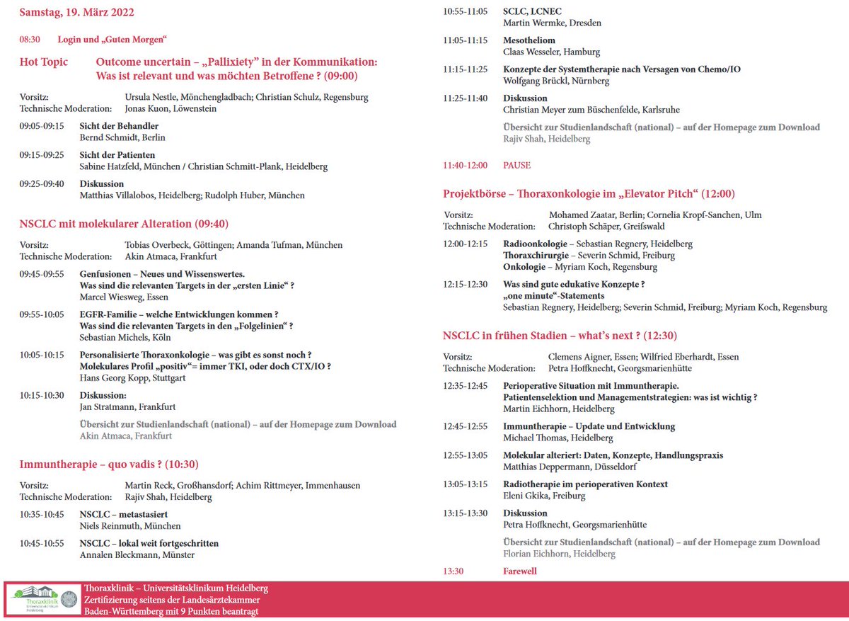 14. interdisziplinäres Symposium Thoraxonkologie
Programm 18. und 19. März 2022