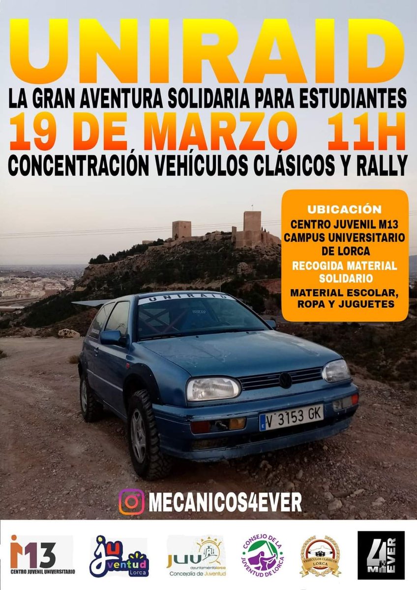 AytoLorca's tweet photo. 📢🏎️ El Centro Juvenil M13 acoge este sábado, 19 de marzo, la actividad ‘Uniraid: la gran aventura solidaria para estudiantes’ para jóvenes amantes del motor

🔗 https://t.co/ujti8HEp6L https://t.co/FELy3kPGNg