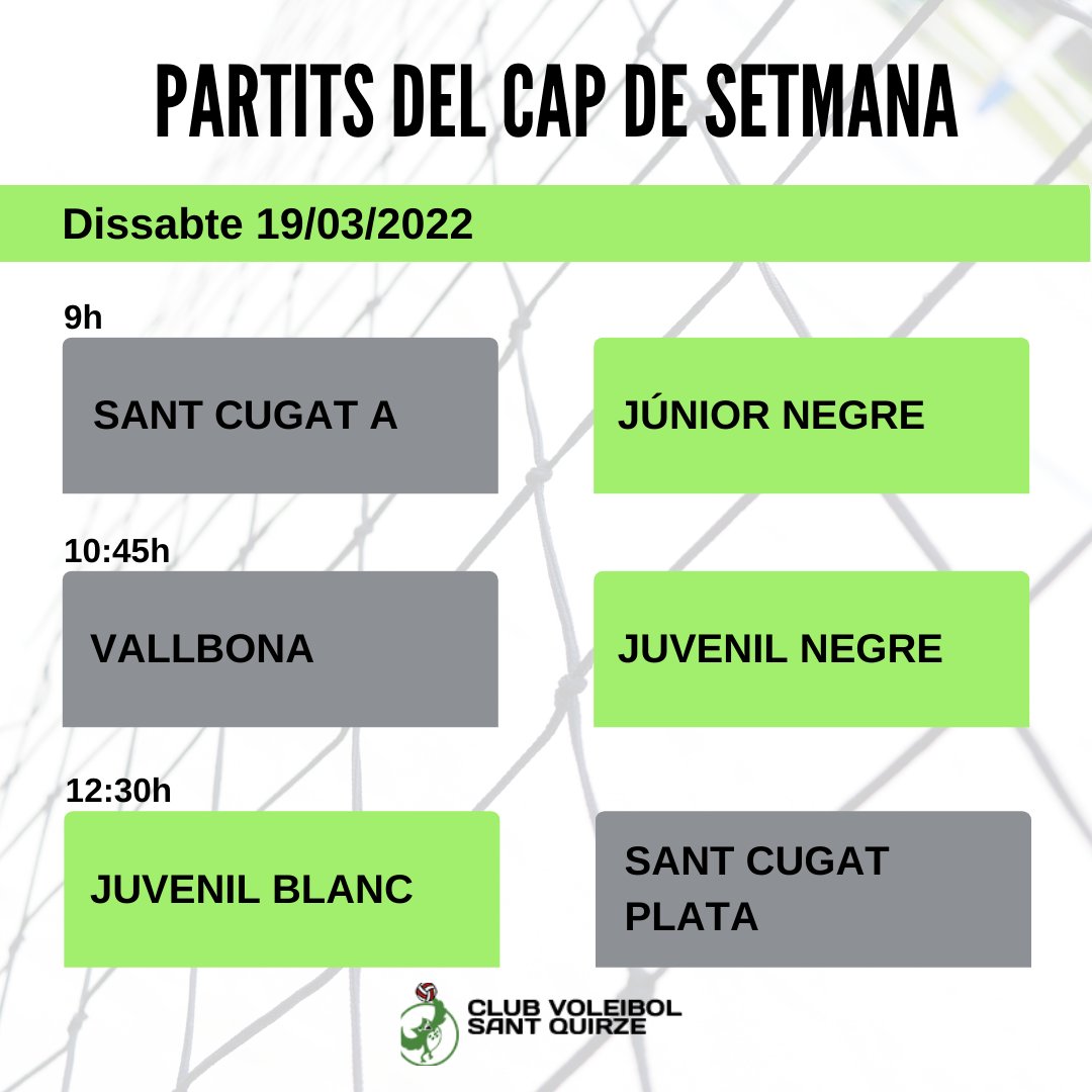 VoleiSQV's tweet photo. Ja pots consultar els horaris dels partits del CV Sant Quirze d'aquest cap de setmana.
#gentactiva #JoActuo #esportcat #retrobada #aprenentsempre #somosvoleibol #voleicat @ajsantquirze @voleicatala https://t.co/F8nfN07yTq