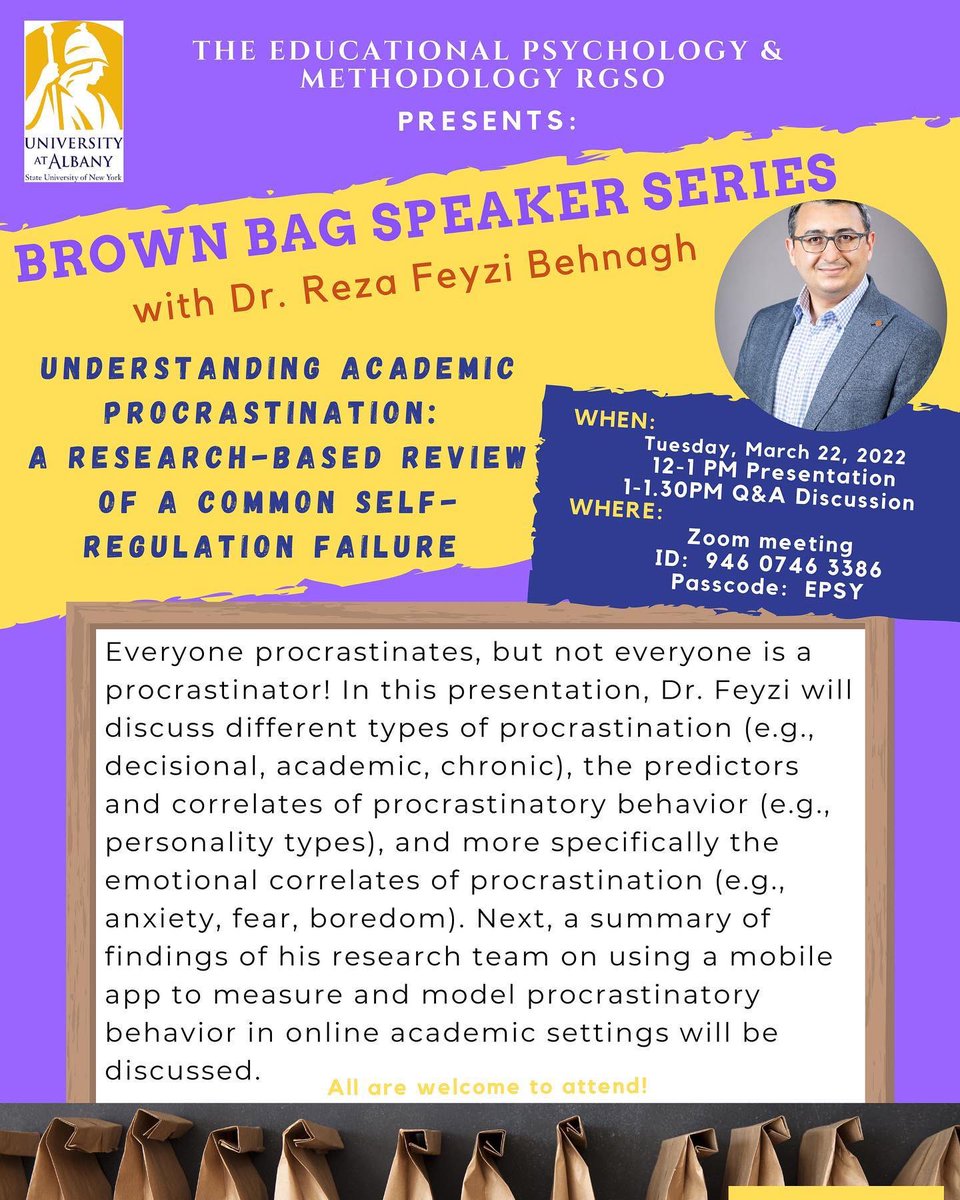 UAlbanyEdu's tweet photo. Are you a #procrastinator?
To know more about procrastinatory behavior, come to join us!
Tuesday, March 22, 12-1 pm. Zoom info in thread. https://t.co/CJNWNrDsqu