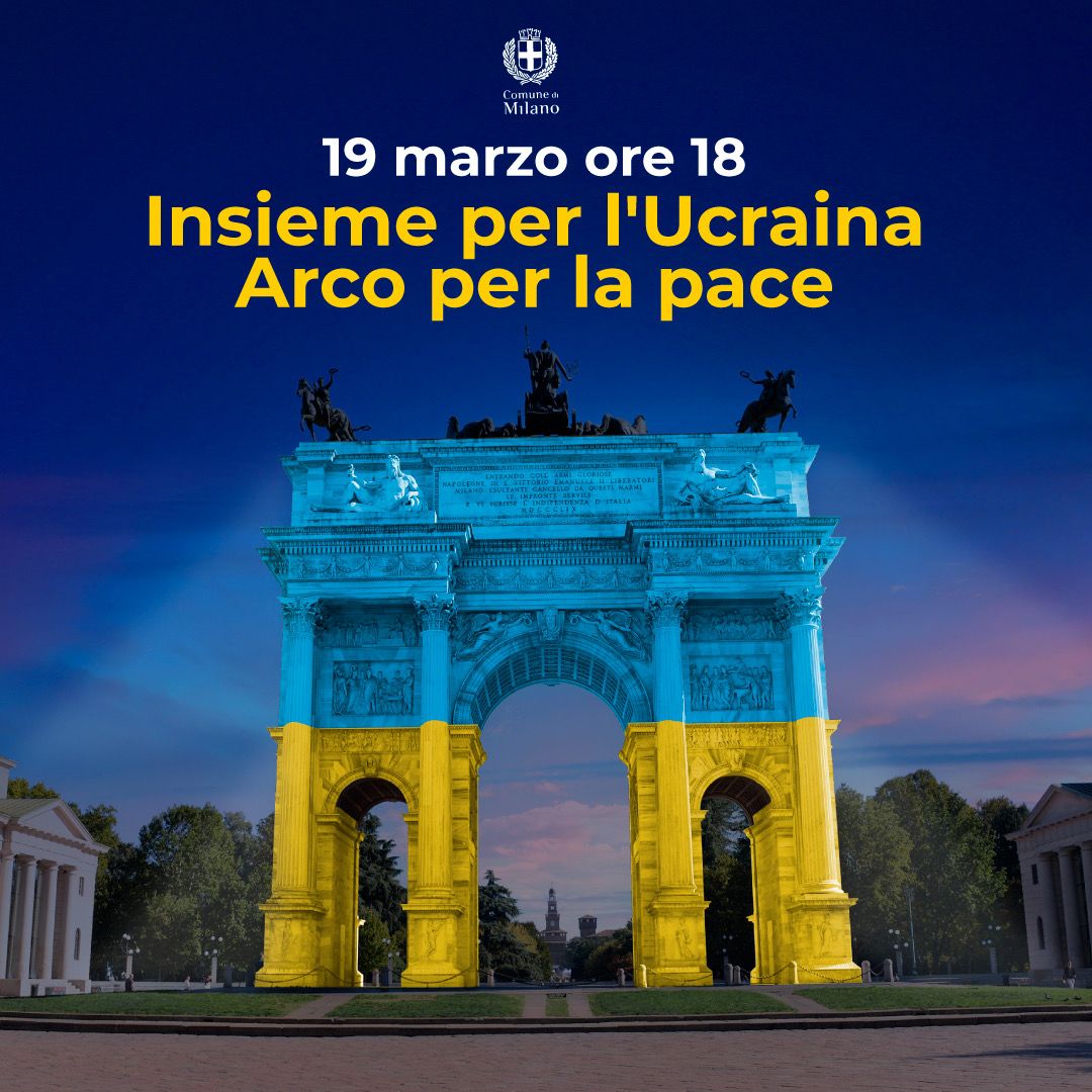 MarcoGranelliMI's tweet photo. Domani l’Arco della Pace si tingerà di blu e giallo per esprimere solidarietà agli Ucraini, dargli il nostro supporto, e condannarne l’invasione. Appuntamento alle 18 nel piazzale.

Facciamo sentire la nostra voce, per dire no alla guerra!

#UkraineWar #Ukraine https://t.co/obbFBN9aFe