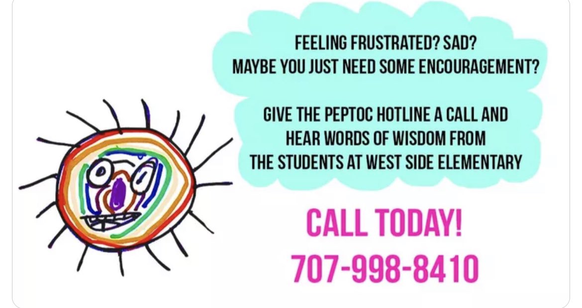 KeatonSmetana's tweet photo. Best hotline ever created! Thanks West Side elementary for #PEPTOC 

☎️707-998-8410👇
#1 If you're feeling mad, frustrated or nervous
#2 words of encouragement and life advice
#3 #peptalk from kindergarteners
#4 kids laughing with delight https://t.co/432caqtv5l